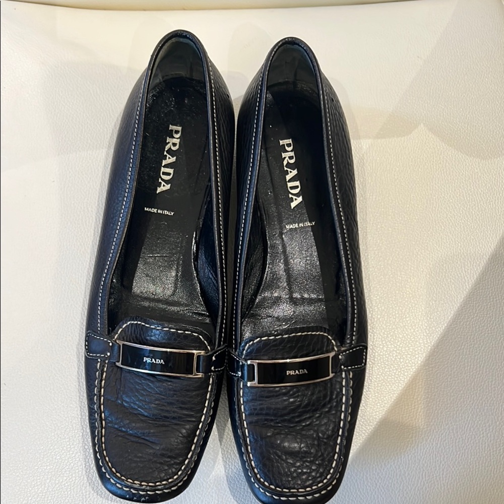 Prada Black Leather Loafers with Metallic Accent